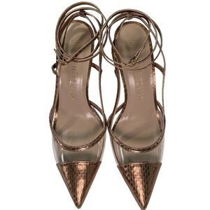 Stuart Weitzman Rose Gold Metallic Snakeskin PVC Ankle Strap Pumps Heels 7.5